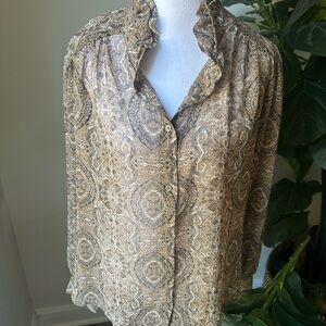Banana Republic Patterned Ruffle Blouse - Brown and Cream